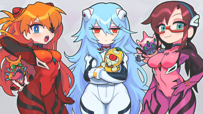 3girls :3 adjusting_hair ayanami_rei blue_eyes blue_hair bodysuit chibi covered_navel eva_00 eva_02 eva_08 evangelion:_3.0+1.0_thrice_upon_a_time eyepatch gashi-gashi glasses green_eyes highres long_hair looking_at_viewer makinami_mari_illustrious multiple_girls neon_genesis_evangelion plugsuit rebuild_of_evangelion red_eyes souryuu_asuka_langley spoilers twintails very_long_hair