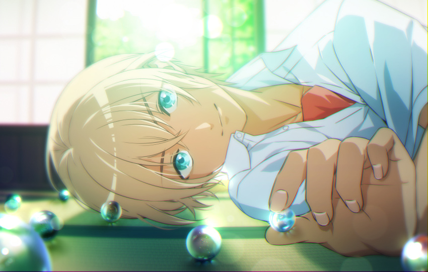 1boy amuro_tooru bangs blonde_hair blue_eyes blurry buttons closed_mouth collared_shirt commentary_request depth_of_field dress_shirt fingernails hair_between_eyes highres holding indoors kouno_kb lens_flare looking_at_viewer lying male_focus marble meitantei_conan on_side shirt short_hair smile solo undershirt upper_body white_shirt
