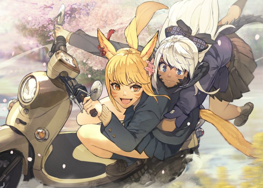 2girls animal_ears arms_around_waist au_ra blonde_hair blue_eyes brown_eyes cat_ears cat_tail dark_skin dark-skinned_female dragon_tail driving fang final_fantasy final_fantasy_xiv ground_vehicle hide_(hideout) horns miqo'te moped motor_vehicle multiple_girls open_mouth pleated_skirt riding scared school_uniform silver_hair skirt slit_pupils smile tail tearing_up whisker_markings