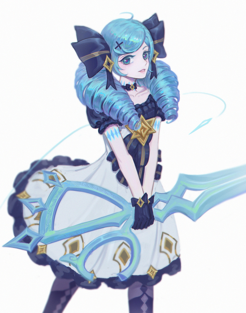 1girl absurdres black_bow black_gloves black_legwear blue_eyes blue_hair bow collarbone dress drill_hair frilled_dress frills gloves gwen_(league_of_legends) hair_ornament highres holding holding_scissors holding_weapon league_of_legends long_hair lucky_strike_(artist) needle oversized_object parted_lips puffy_sleeves purple_pupils scissors simple_background smile solo thread twin_drills twintails weapon white_background white_dress x x_hair_ornament