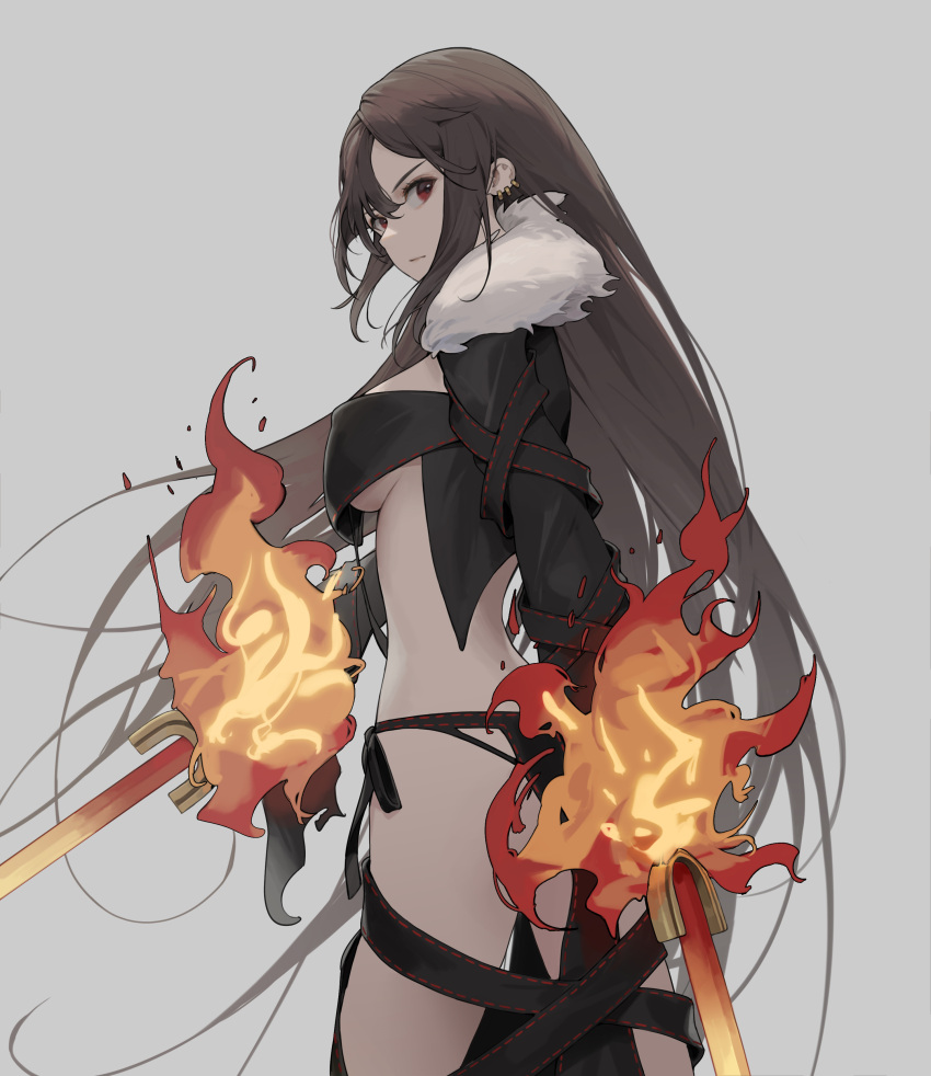 1girl absurdres ass black_dress black_gloves black_jacket blush breasts brown_hair cotta_(heleif) cropped_jacket dress dual_wielding earrings elbow_gloves fate/grand_order fate_(series) fire fur-trimmed_jacket fur_trim gloves highres holding jacket jewelry large_breasts long_hair looking_back multiple_earrings open_clothes open_jacket red_eyes ribbon-trimmed_dress sword thighs very_long_hair weapon yu_mei-ren_(fate)