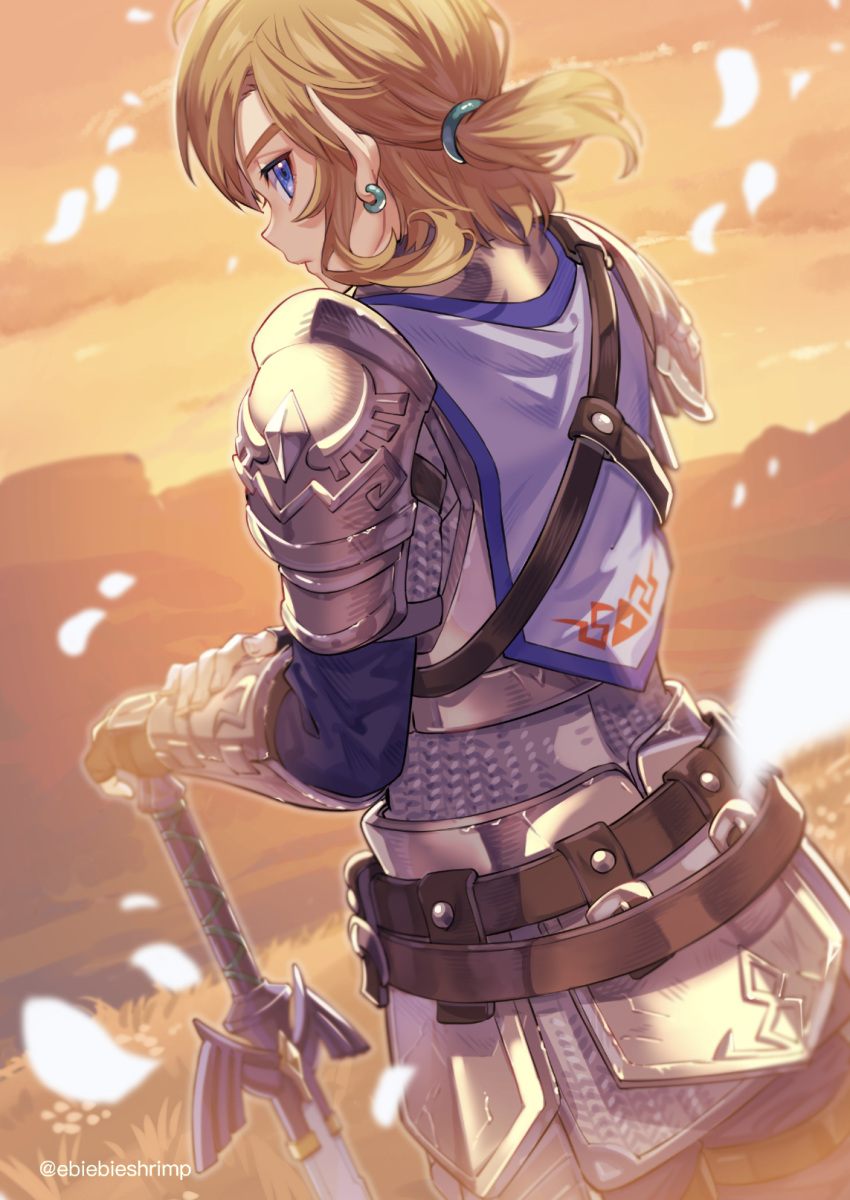 1boy belt blonde_hair blue_eyes blurry commentary_request earrings gloves highres jewelry link master_sword outdoors pointy_ears shuri_(84k) solo sunset sword the_legend_of_zelda the_legend_of_zelda:_breath_of_the_wild weapon