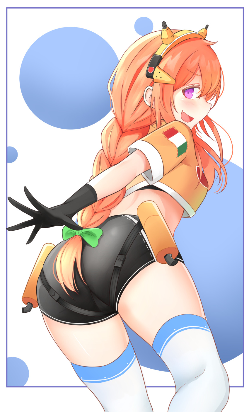 1girl :d absurdres ass black_gloves black_shorts bra bra_peek braid breasts commentary crop_top crop_top_overhang daebom fang from_behind gloves hairband highres italian_flag leaning_forward long_hair looking_at_viewer looking_back midriff open_mouth orange_hair orange_shirt original personification profile shirt short_shorts short_sleeves shorts sidelocks single_braid small_breasts smile solo thigh-highs thighs underwear very_long_hair violet_eyes white_legwear