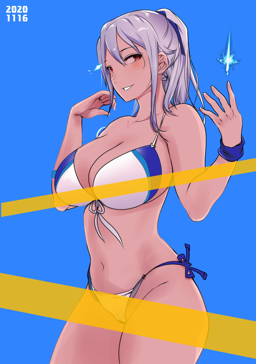 1girl absurdres bikini blue_background breasts dated grey_hair highres large_breasts long_hair looking_at_viewer navel original red_eyes shimonryushiro2 simple_background smile solo swimsuit