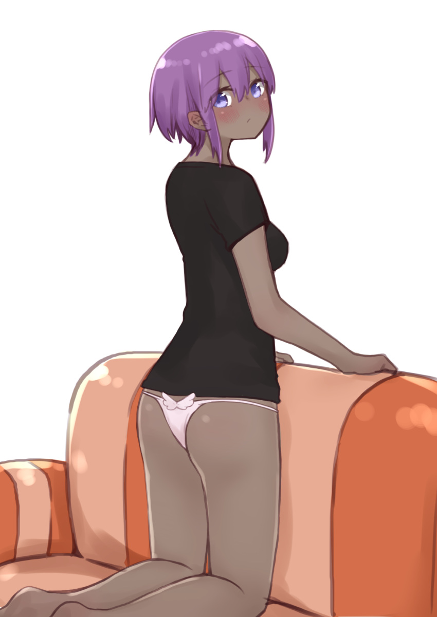 1girl ass bangs black_shirt blush breasts closed_mouth couch dark_skin dark-skinned_female eyebrows_visible_through_hair fate/prototype fate/prototype:_fragments_of_blue_and_silver fate_(series) from_behind hair_between_eyes hassan_of_serenity_(fate) highres i.u.y kneeling looking_at_viewer looking_back no_pants on_couch panties pink_panties purple_hair shirt short_sleeves simple_background small_breasts solo underwear violet_eyes white_background