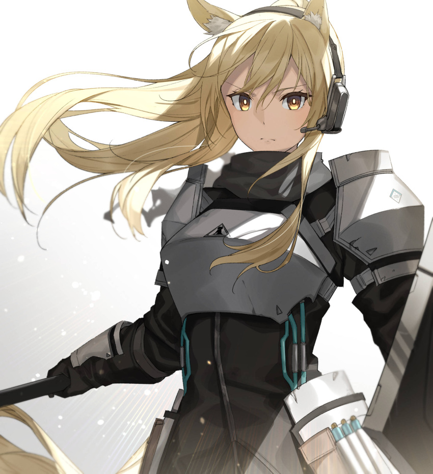 1girl animal_ear_fluff animal_ears arknights armor bangs black_gloves black_jacket blonde_hair blurry breastplate brown_eyes closed_mouth commentary_request eyelashes gloves hair_between_eyes headset highres holding holding_weapon horse_ears horse_girl horse_tail jacket long_hair looking_at_viewer nearl_(arknights) raitho104 scarf shield shoulder_armor sidelocks solo tail weapon