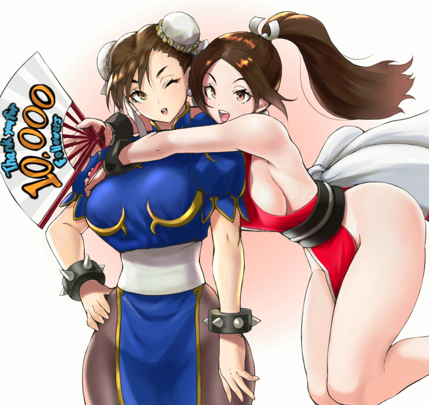 2girls anagumasan bare_shoulders blue_dress bracelet breasts brown_eyes brown_hair brown_legwear bun_cover china_dress chinese_clothes chun-li double_bun dress earrings fatal_fury hand_on_hip high_ponytail highres hug jewelry large_breasts long_hair multiple_girls ninja one_eye_closed open_mouth pantyhose pelvic_curtain ponytail puffy_short_sleeves puffy_sleeves revealing_clothes sash shiranui_mai short_sleeves sideboob spiked_bracelet spikes street_fighter thank_you the_king_of_fighters thighs white_background