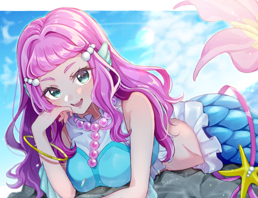 1girl aqua_eyes blue_sky bracelet breasts clouds commentary_request dakuryuu day head_fins highres jewelry laura_(precure) long_hair lying medium_breasts mermaid midriff monster_girl on_stomach open_mouth pink_hair precure signature sky smile solo tropical-rouge!_precure