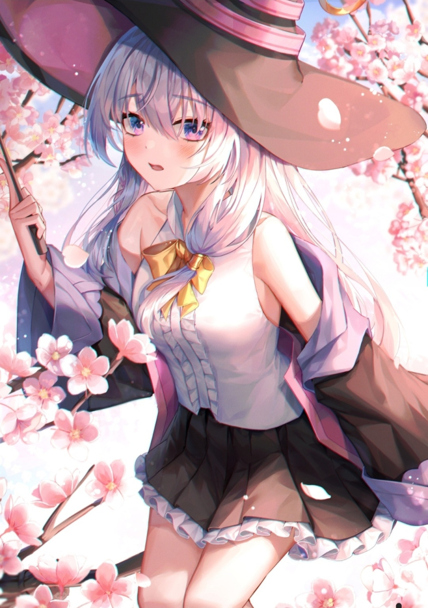 1girl bare_shoulders black_headwear black_jacket black_skirt bow bowtie breasts cherry_blossoms collared_shirt dress_shirt elaina_(majo_no_tabitabi) flower frilled_skirt frills hat highres holding jacket long_hair long_sleeves looking_at_viewer majo_no_tabitabi miniskirt minttchocok off_shoulder open_clothes open_jacket open_mouth pink_flower pleated_skirt shirt silver_hair skirt sleeveless sleeveless_shirt small_breasts solo thighs tree_branch violet_eyes wand white_shirt wide_sleeves witch_hat