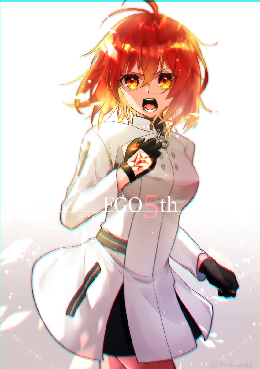 1girl ahoge black_gloves coat fate/grand_order fate_(series) fujimaru_ritsuka_(female) gloves highres looking_at_viewer mitsubachi82 open_mouth orange_eyes orange_hair short_hair simple_background skirt solo standing white_background white_coat