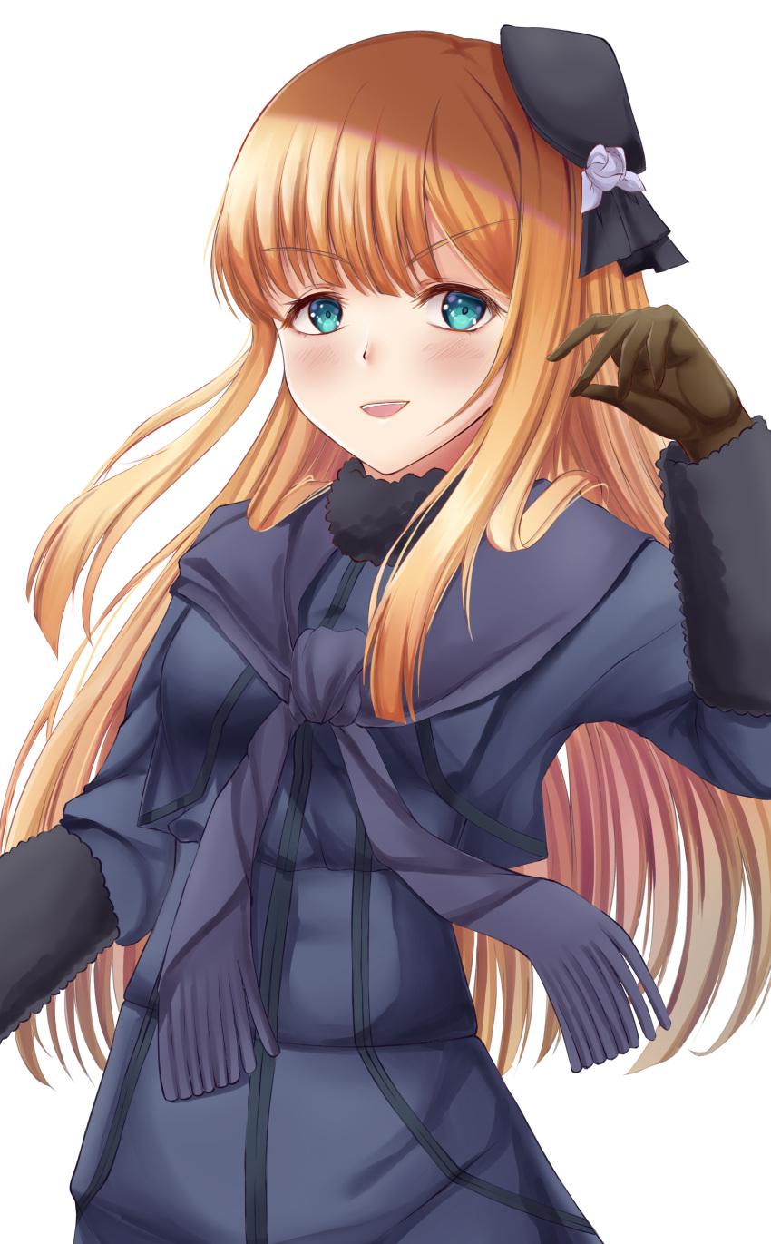 1girl :d absurdres bangs black_headwear blonde_hair blue_eyes blue_jacket blush brown_gloves eyebrows_visible_through_hair fate/grand_order fate_(series) fur_collar gloves hand_up hat highres huge_filesize jacket long_hair long_sleeves looking_at_viewer open_mouth reines_el-melloi_archisorte simple_background smile solo tapume tilted_headwear upper_body white_background