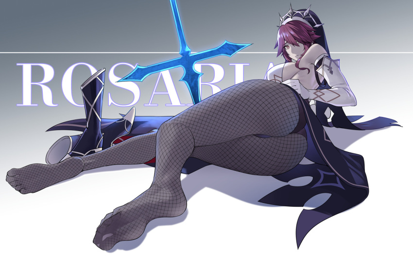 1girl ass bangs bare_shoulders black_dress blush breasts character_name dress elbow_gloves feet fishnet_legwear fishnets footwear_removed genshin_impact gloves grey_legwear habit hair_between_eyes highres large_breasts legs looking_at_viewer lying multicolored multicolored_clothes multicolored_hair multicolored_headwear nun on_side pelvic_curtain polearm purple_hair redhead rosaria_(genshin_impact) short_hair soles spear streaked_hair tiara toes two-tone_dress violet_eyes weapon white_dress white_gloves yonoki