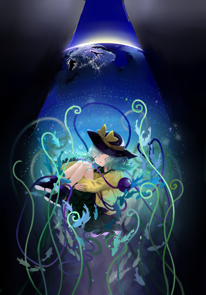 1girl absurdres blue_nails bow bowler_hat bubble closed_eyes collared_shirt earth_(planet) eyeball fish frilled_sleeves frills hat hat_ribbon highres komeiji_koishi long_sleeves magic_tofu planet ribbon shirt short_hair silver_hair skirt solo third_eye touhou wavy_hair yellow_ribbon yellow_shirt