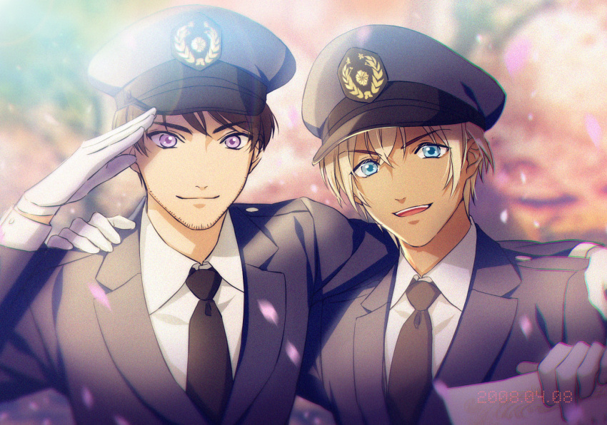 2boys :d amuro_tooru arm_around_shoulder arm_up bangs black_headwear black_jacket black_neckwear black_suit blonde_hair blue_eyes blurry blurry_background brown_hair cherry_blossoms closed_mouth collared_shirt commentary_request depth_of_field diploma falling_petals film_grain formal gloves graduation hair_between_eyes hand_on_another's_shoulder hat holding jacket kouno_kb long_sleeves looking_at_viewer male_focus meitantei_conan multiple_boys necktie open_mouth petals police police_hat police_uniform policeman salute scotch_(meitantei_conan) shirt short_hair side-by-side smile suit uniform upper_body upper_teeth violet_eyes white_gloves white_shirt