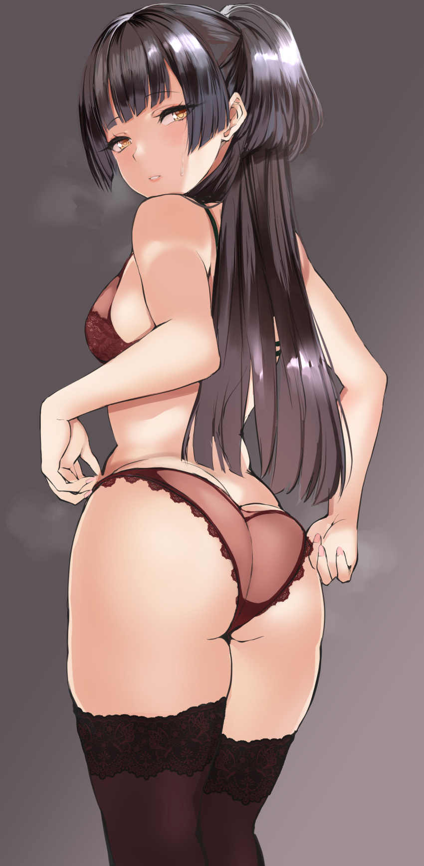 1girl absurdres adjusting_clothes adjusting_panties agetama ass bangs black_hair black_legwear bra breasts brown_bra brown_eyes brown_panties commentary cowboy_shot eyebrows_visible_through_hair from_behind grey_background highres idolmaster idolmaster_shiny_colors lace-trimmed_bra lace-trimmed_legwear lace-trimmed_panties lace_trim lingerie long_hair looking_at_viewer looking_back mayuzumi_fuyuko panties parted_lips sideboob sketch skindentation solo sweatdrop thigh-highs two_side_up underwear