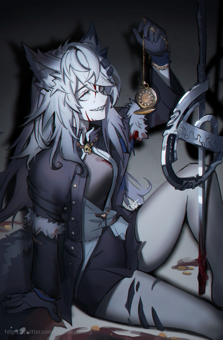 1girl absurdres animal_ears arknights black_gloves blood blood_on_face bloody_weapon breasts distr dress eyebrows_visible_through_hair feet_out_of_frame gloves grey_eyes hair_ornament hairclip highres holding_pocket_watch jacket jewelry knee_up lappland_(arknights) lappland_(refined_horrormare)_(arknights) long_hair necklace official_alternate_costume open_clothes open_jacket oripathy_lesion_(arknights) pocket_watch sharp_teeth signature silver_hair sitting smile solo sword teeth twitter_username watch weapon wolf_ears