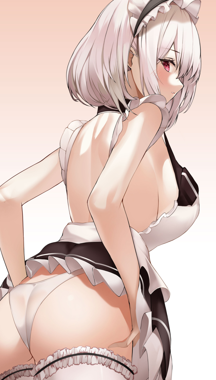 1girl absurdres ass azur_lane back backless_dress backless_outfit bare_arms bare_shoulders black_dress breasts cowboy_shot dress gradient gradient_background highres large_breasts looking_at_viewer looking_back maid maid_headdress nevin_(flyskying) panties parted_lips profile red_eyes short_dress short_hair sirius_(azur_lane) sleeveless sleeveless_dress solo thigh-highs underwear white_hair white_legwear white_panties