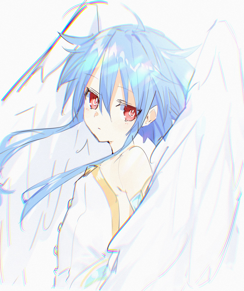 1girl absurdres ahoge angel_wings bare_shoulders blush buran_buta closed_mouth expressionless eyebrows_visible_through_hair four_goddesses_online:_cyber_dimension_neptune hair_between_eyes highres light_blue_hair looking_at_viewer looking_to_the_side neptune_(series) power_symbol red_eyes short_hair_with_long_locks sidelocks simple_background solo symbol-shaped_pupils upper_body white_background white_heart white_wings wings