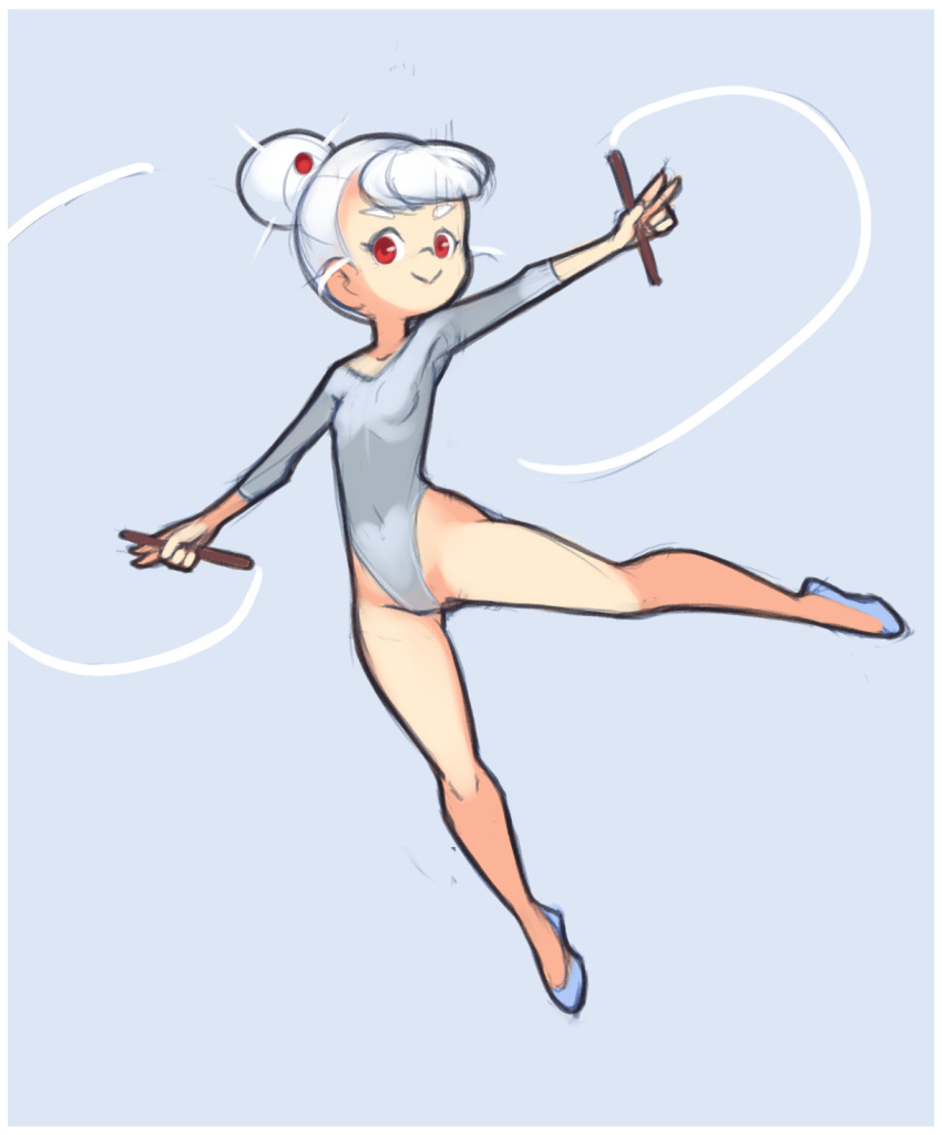 1girl :&gt; breasts closed_mouth covered_navel drantyno flats full_body gen_3_pokemon grey_background highres holding holding_stick knees leotard looking_at_viewer outstretched_arms personification pokemon red_eyes short_hair silcoon sketch sleeves_past_elbows smile solo stick white_hair