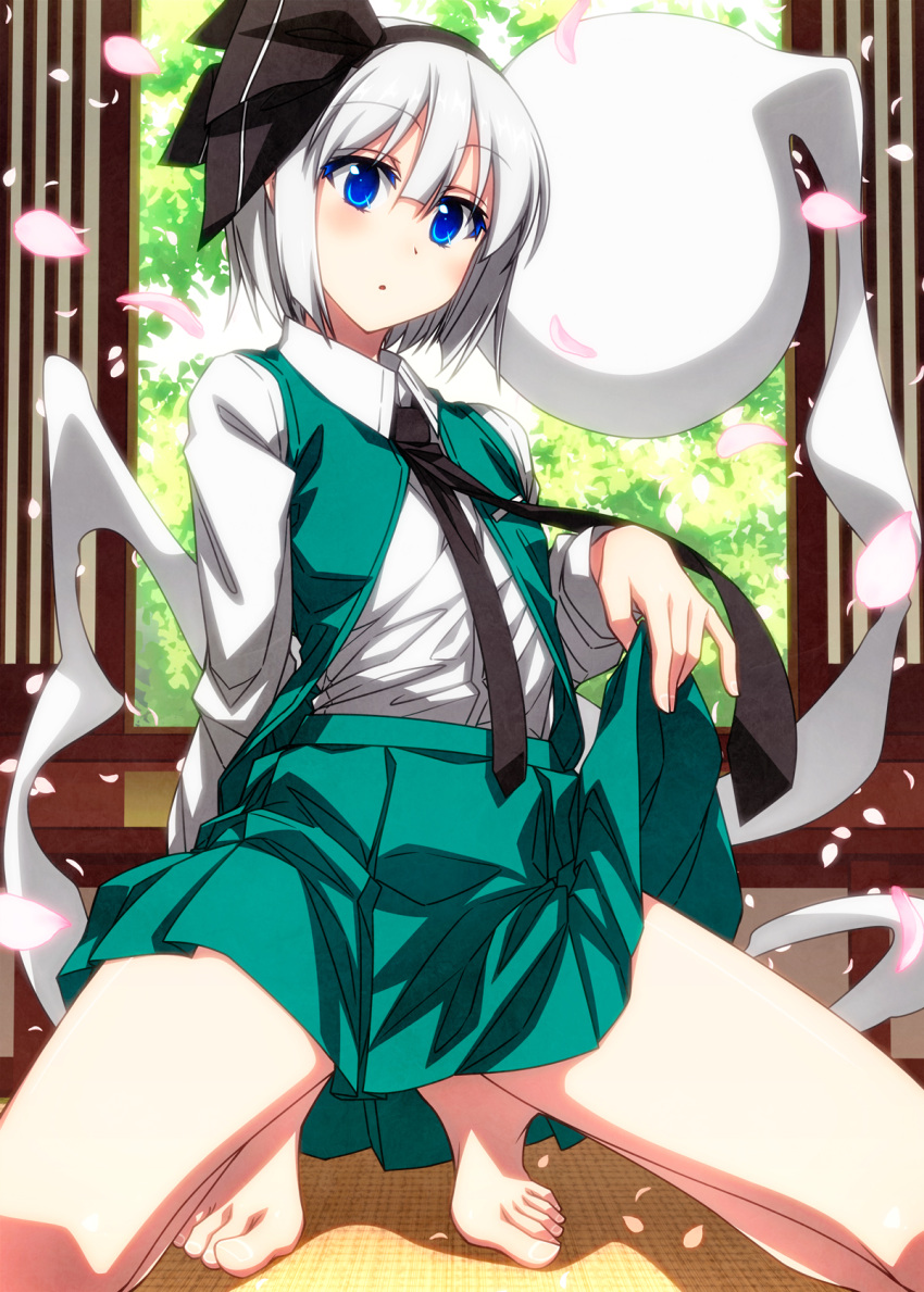 1girl :o backlighting bangs barefoot black_hairband black_neckwear black_ribbon bloom blue_eyes blush cherry_blossoms collared_shirt commentary_request eyebrows_visible_through_hair falling_petals flat_chest green_skirt green_vest hair_between_eyes hair_ribbon hairband highres hitodama holding holding_clothes holding_skirt indoors konpaku_youmu konpaku_youmu_(ghost) long_sleeves looking_at_viewer necktie open_clothes open_vest parted_lips petals pleated_skirt ribbon sazanami_mio shirt short_hair silver_hair skirt skirt_lift solo squatting toes touhou tree vest white_shirt wing_collar