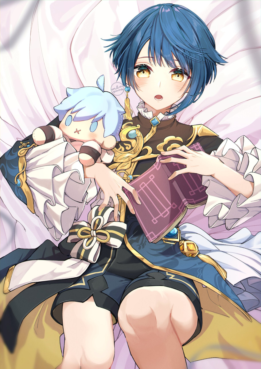 2boys absurdres androgynous bangs bed_sheet blue_eyes blue_hair blue_shorts blush book chinese_clothes chongyun_(genshin_impact) earrings english_commentary eyebrows_visible_through_hair frilled_shirt_collar frilled_sleeves frills genshin_impact highres holding holding_book jacket jewelry long_sleeves looking_at_viewer lying male_focus meronpanne multiple_boys on_back on_bed open_book open_mouth short_hair shorts single_earring solo stuffed_toy tassel tassel_earrings vision_(genshin_impact) xingqiu_(genshin_impact) yellow_eyes