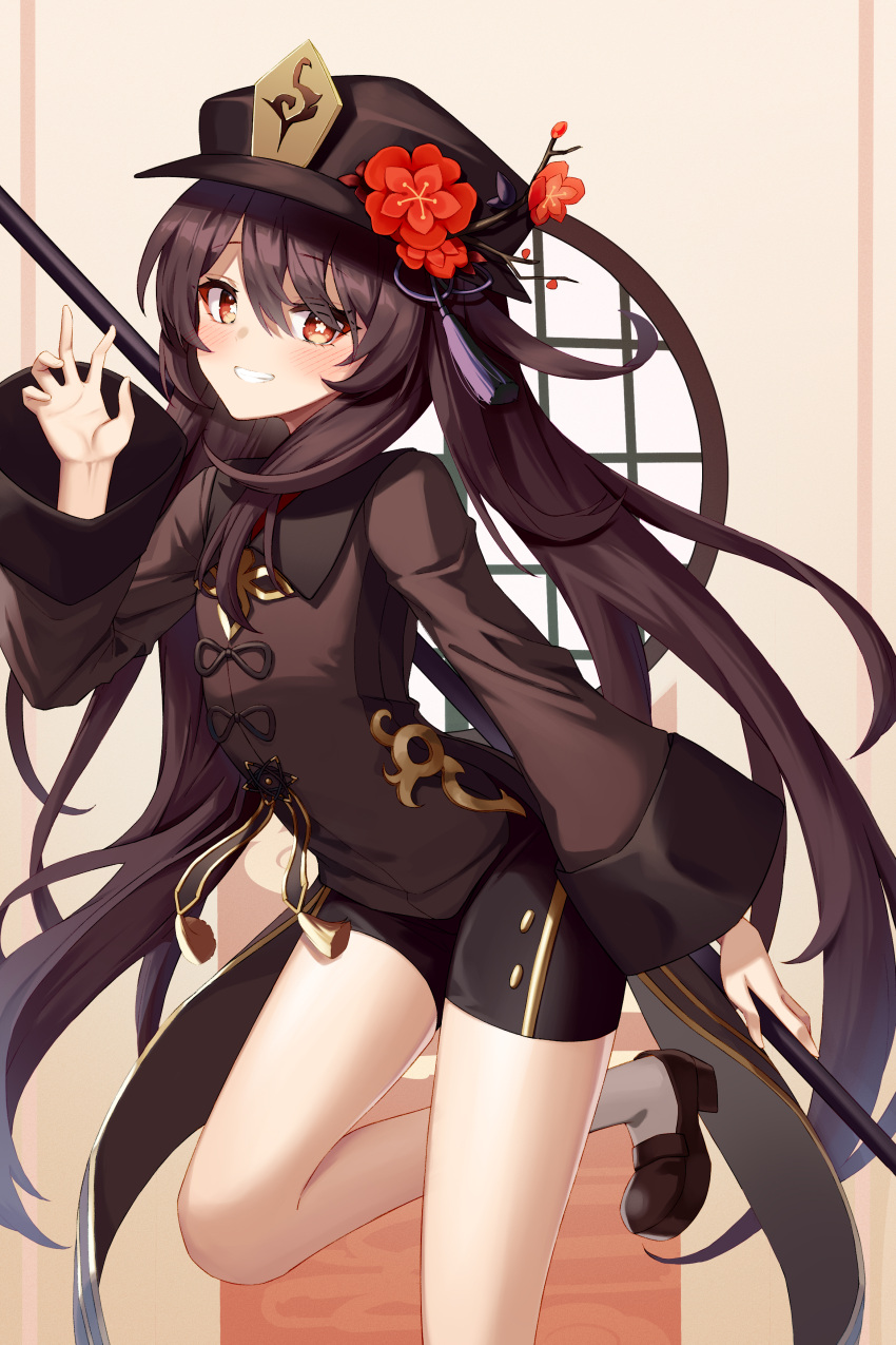 absurdres black_headwear black_shorts brown_hair chinese_clothes genshin_impact highres hu_tao looking_at_viewer red_eyes setsurimu_(pro_viden) shorts smile