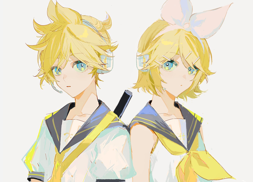1boy 1girl bass_clef blonde_hair blue_eyes bow brother_and_sister crypton_future_media eyebrows_visible_through_hair hair_bow hair_ornament hairclip headphones headset highres kagamine_len kagamine_rin looking_at_viewer musical_note necktie nima_(nimamann) parted_lips ponytail ribbon sailor_collar short_hair short_sleeves siblings simple_background sleeveless twins vocaloid white_background white_bow yellow_ribbon