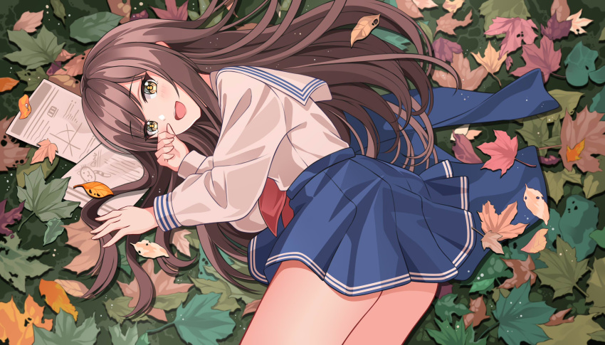 1girl :3 :d bare_legs blue_jacket blue_skirt blush brown_hair chinese_commentary commentary_request feet_out_of_frame feng_shao_kky_(arj0522) grass hand_up highres jacket leaf long_hair long_sleeves looking_at_viewer lying neckerchief on_side open_mouth original outdoors paper pleated_skirt red_neckwear sailor_collar school_uniform shirt skirt smile upper_teeth white_sailor_collar white_shirt yellow_eyes