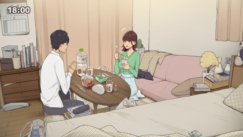 1boy 1girl bed black_hair book bottle brown_hair chopsticks couch curtains eating food glass glasses green_shirt indoors long_sleeves noodles original pillow salad shirt short_hair sitting stuffed_animal stuffed_toy table wakamatsu372 wariza white_shirt window