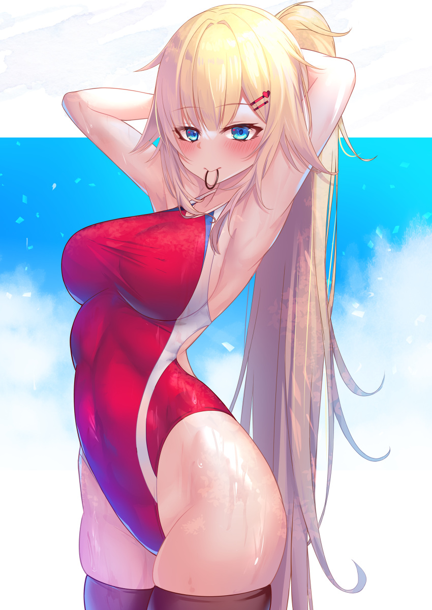 1girl absurdres akai_haato aqua_eyes arms_behind_head bangs blonde_hair breasts commentary_request competition_swimsuit covered_navel cowboy_shot highleg highleg_swimsuit highres hololive long_hair looking_at_viewer medium_breasts mouth_hold one-piece_swimsuit ponytail red_swimsuit rubber_band solo swimsuit very_long_hair virtual_youtuber wet wet_clothes yoshiheihe