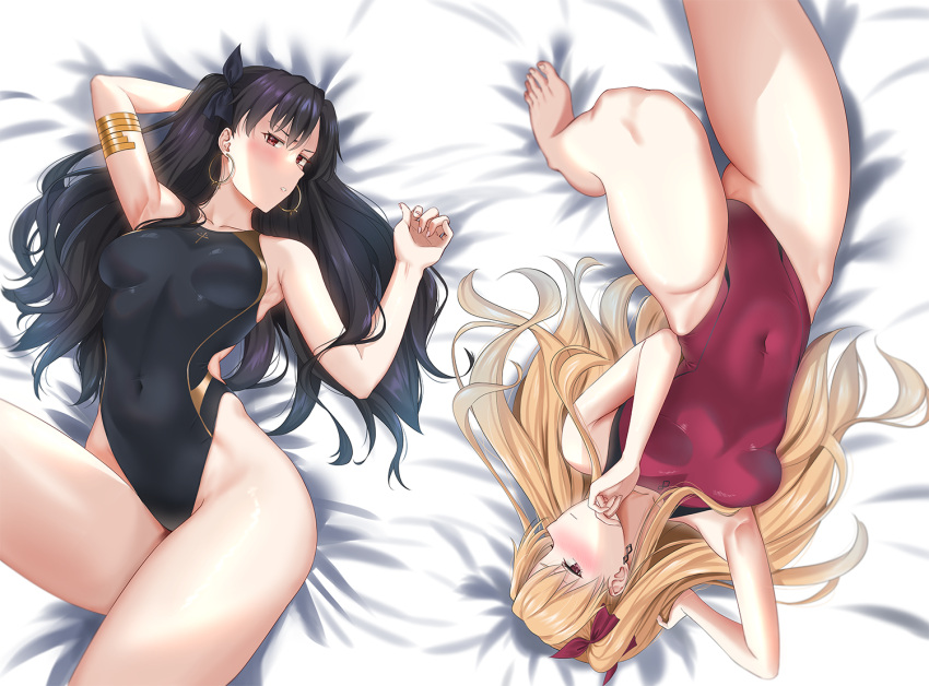 2girls barefoot black_hair black_swimsuit blonde_hair breasts competition_swimsuit covered_navel cowboy_shot earrings ereshkigal_(fate) fate/grand_order fate_(series) highleg highleg_swimsuit hoop_earrings ishtar_(fate) ishtar_(fate)_(all) jewelry long_hair looking_at_viewer lying multiple_girls one-piece_swimsuit red_eyes red_swimsuit ryudraw small_breasts swimsuit symmetry two_side_up upside-down