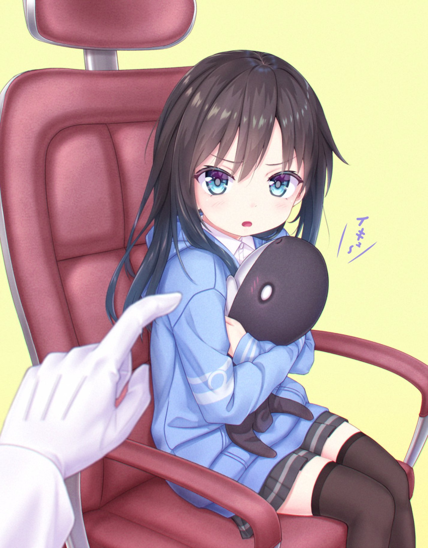 1girl 1other abyssal_ship asashio_(kancolle) black_hair black_legwear black_skirt blue_eyes blue_sweater blurry chair character_doll collared_shirt depth_of_field doll_hug gotou_hisashi highres hood hooded_sweater hoodie i-class_destroyer kantai_collection long_hair looking_at_viewer shirt sitting skirt stuffed_toy sweater thigh-highs white_shirt