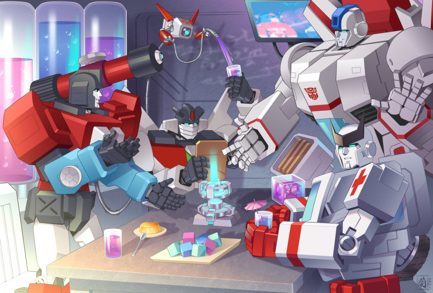 4boys autobot blue_eyes cup energon energon_cube highres holding holding_cup jetfire lantana0_0 looking_at_viewer looking_down mecha multiple_boys no_humans open_hands perceptor ratchet sitting transformers v-fin waving wheeljack