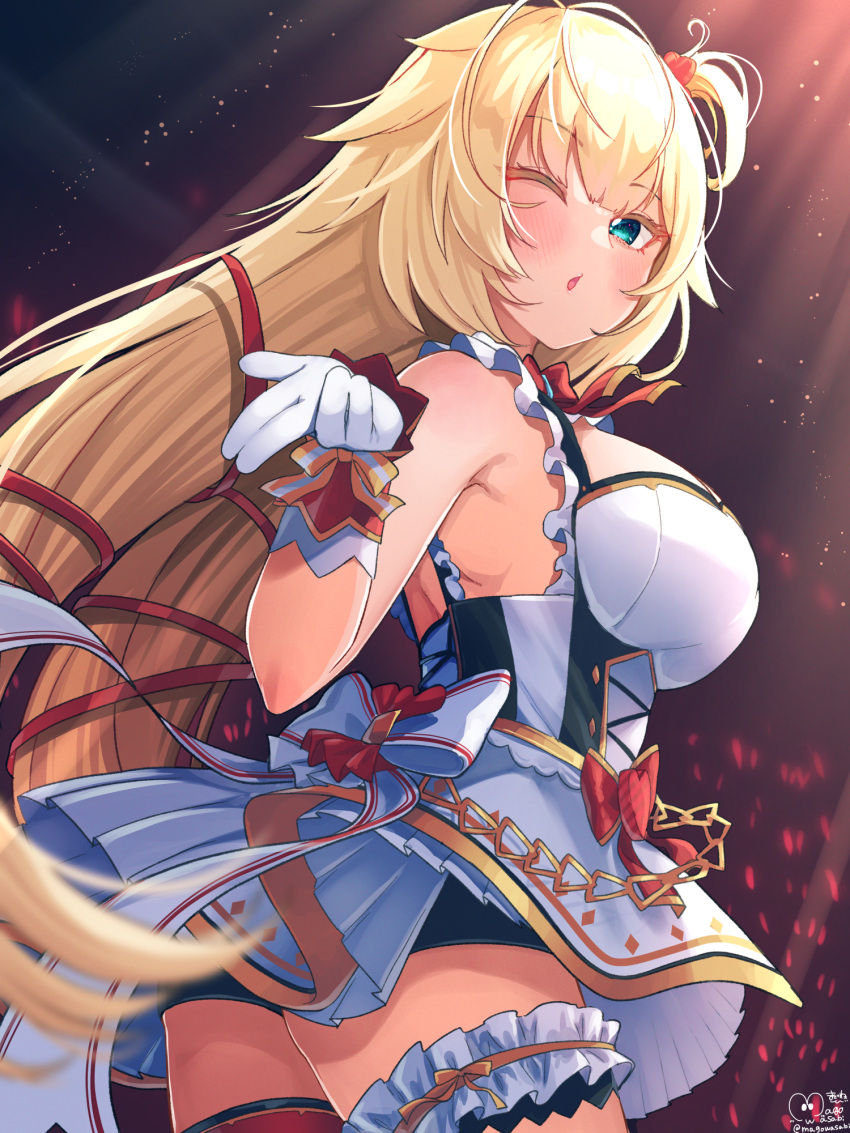 1girl akai_haato aqua_eyes asymmetrical_legwear bangs bare_shoulders bike_shorts blonde_hair blush bodice breasts eyebrows_visible_through_hair frilled_straps gloves glowstick hair_ribbon hand_up highres hololive hololive_idol_uniform idol idol_clothes large_breasts layered_skirt long_hair looking_at_viewer low_twintails magowasabi one_eye_closed one_side_up parted_lips red_ribbon ribbon signature single_thighhigh skirt skirt_set sleeveless solo standing thigh-highs thigh_strap twitter_username very_long_hair virtual_youtuber white_gloves