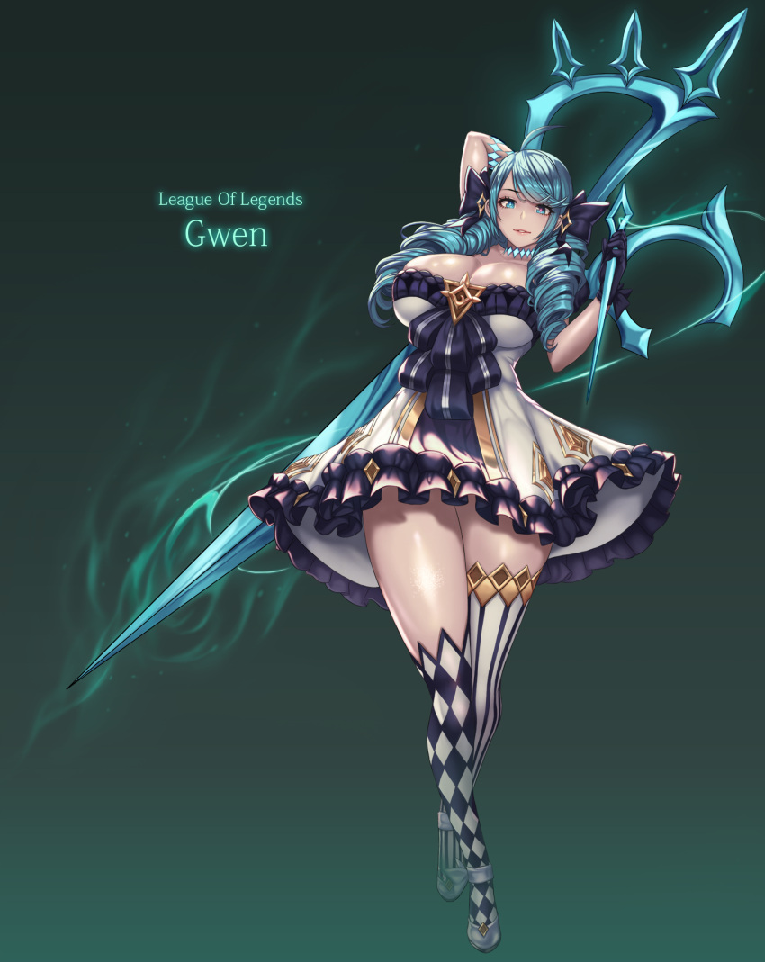 1girl ahoge arm_up aura black_gloves blue_eyes blue_hair blue_pupils breasts character_name checkered checkered_clothing checkered_legwear copyright_name crossed_legs dress drill_hair frilled_dress frills gloves gwen_(league_of_legends) highres holding holding_needle holding_scissors holding_weapon large_breasts league_of_legends long_hair mad_kimo mismatched_legwear needle oversized_object parted_lips pink_pupils scissors smile solo striped striped_legwear thigh-highs thread twin_drills twintails watson_cross weapon white_dress