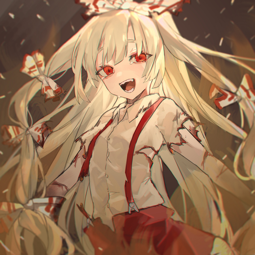 1girl :d absurdres bangs blood bloody_clothes blurry bow breasts brown_background collared_shirt commentary_request dark_background depth_of_field eyebrows_behind_hair fire floating_hair fujiwara_no_mokou hair_bow hair_ribbon highres kani_nyan long_hair looking_at_viewer open_mouth pants red_eyes ribbon shirt short_sleeves silver_hair simple_background small_breasts smile solo suspenders tearing_up teeth torn_clothes touhou tress_ribbon upper_body very_long_hair white_bow white_pants white_shirt