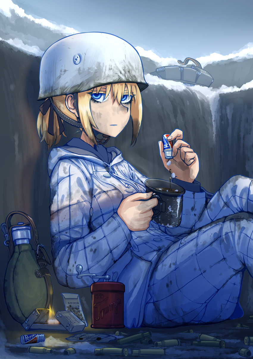 1girl absurdres blonde_hair blue_eyes breasts canteen coffee cup dirty dirty_face drugs erica_(naze1940) expressionless helmet highres jacket looking_at_viewer military original ponytail shell_casing sitting snow solo trench world_war_ii