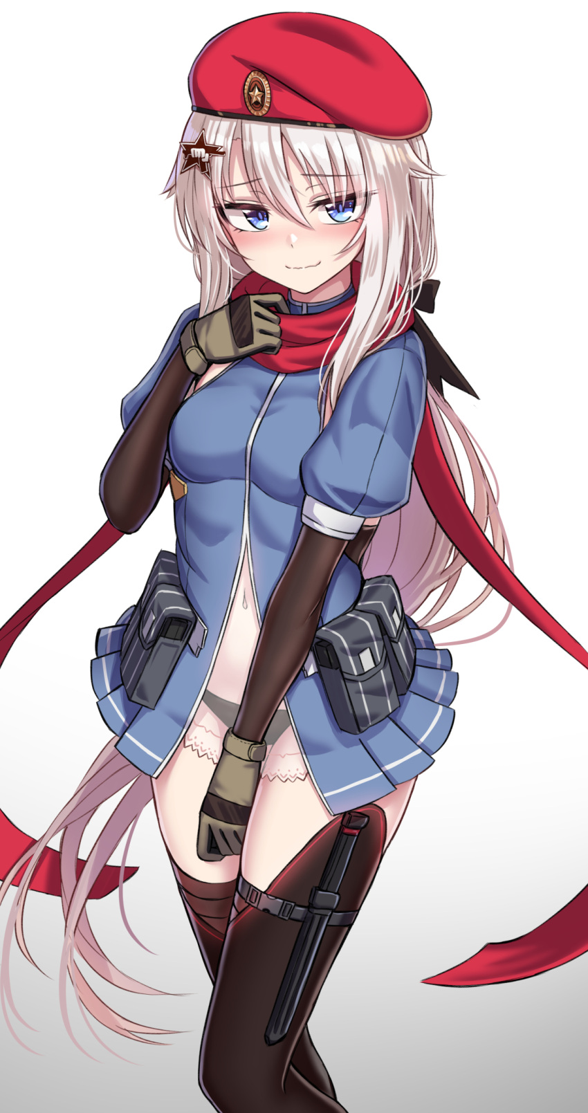 1girl 9a-91_(girls_frontline) beret black_panties blue_dress blue_eyes blush breasts closed_mouth dress girls_frontline gloves hair_ornament hat highres long_hair looking_at_viewer navel panties puffy_short_sleeves puffy_sleeves red_headwear red_scarf scarf see-through short_sleeves silver_hair solo star_(symbol) star_hair_ornament thigh-highs underwear white_background yakob_labo