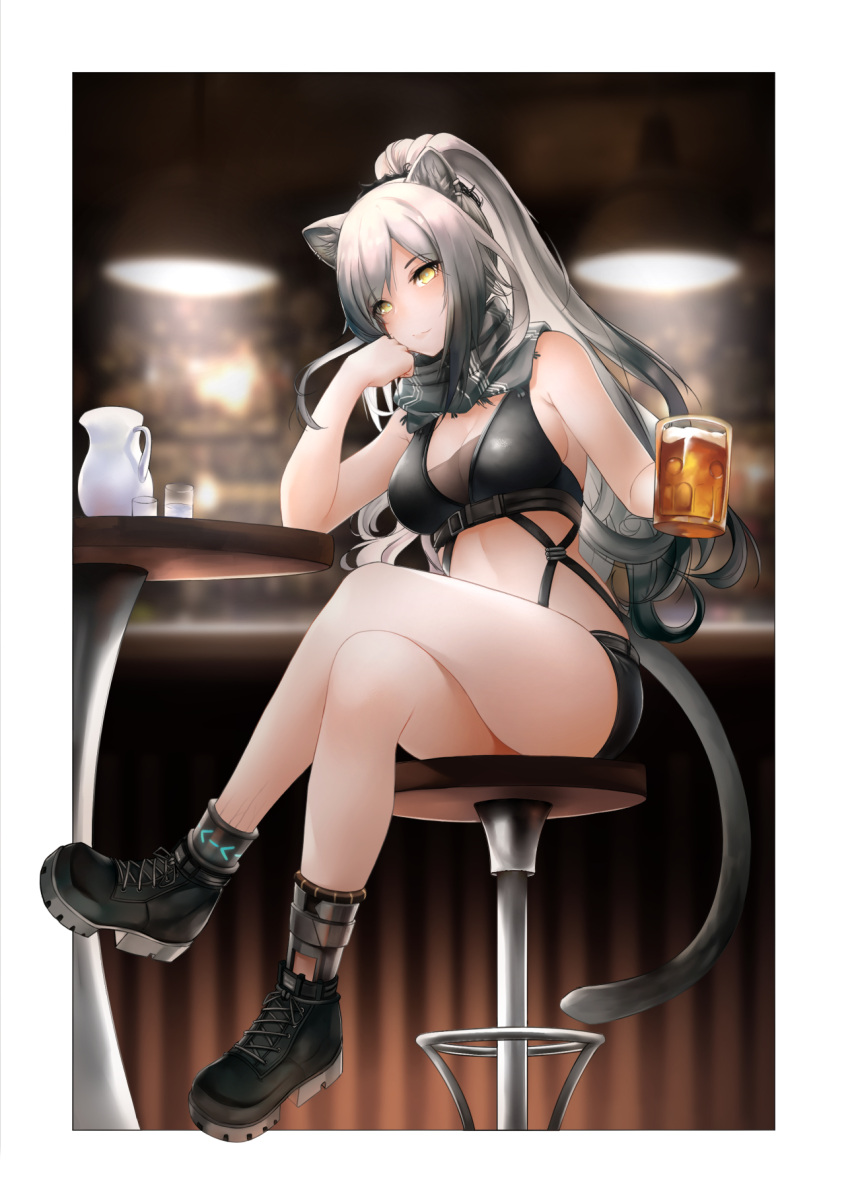 1girl alcohol animal_ears arknights bangs bare_arms bare_legs bare_shoulders beer beer_mug black_footwear breasts cat_ears commentary crop_top cup full_body hand_up highres indoors long_hair looking_at_viewer medium_breasts midriff mug noir_(4chan) schwarz_(arknights) shoes silver_hair sitting sleeveless smile solo stomach stool thighs yellow_eyes