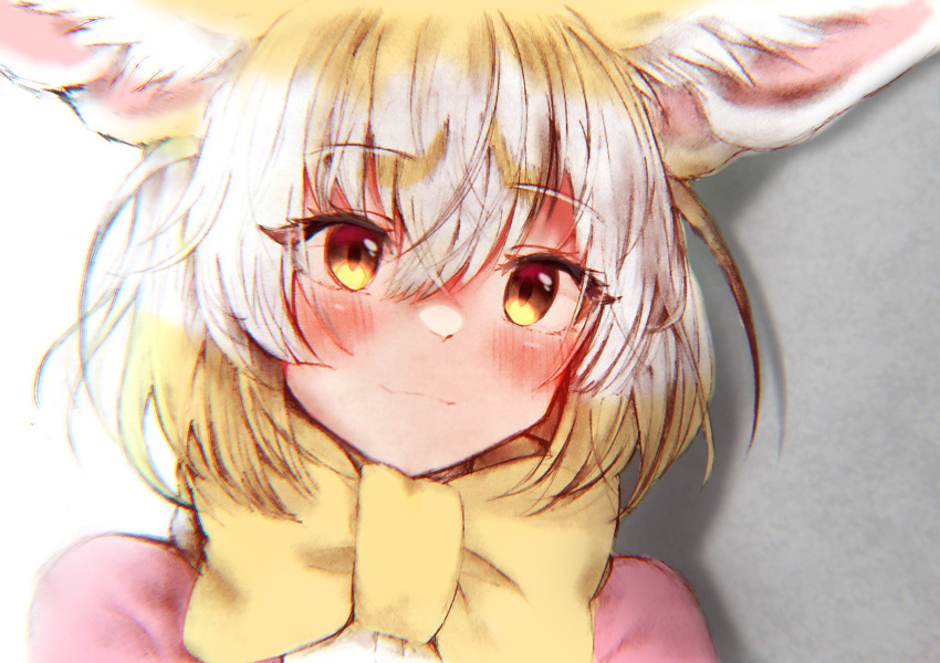 1girl :3 animal_ears blonde_hair blush bow bowtie commentary_request eyebrows_visible_through_hair fennec_(kemono_friends) fox_ears fox_girl headshot highres kemono_friends mitorizu_02 multicolored_hair pink_sweater short_hair smile solo sweater white_hair yellow_eyes