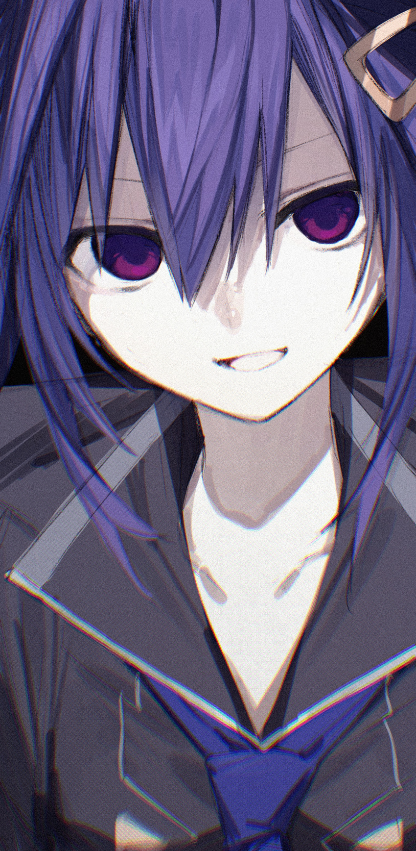 1girl absurdres ankokuboshi_kurome black_shirt blue_eyes blue_hair blue_neckwear buran_buta close-up collared_shirt grin hair_between_eyes hair_ornament hairclip highres long_hair necktie neptune_(series) shin_jigen_game_neptune_vii shirt smile solo upper_body violet_eyes