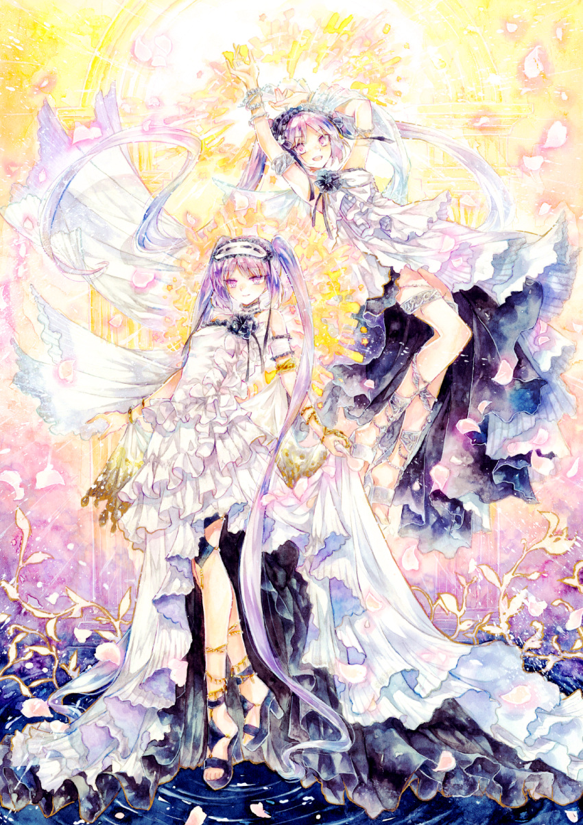 2girls armlet black_footwear choker closed_mouth dress euryale_(fate) fate/grand_order fate/hollow_ataraxia fate_(series) fei_(otoya) floating frills full_body hairband highres long_hair looking_at_viewer multiple_girls open_mouth petals purple_hair sandals sash siblings sisters smile stheno_(fate) thighlet twins twintails violet_eyes white_dress white_footwear