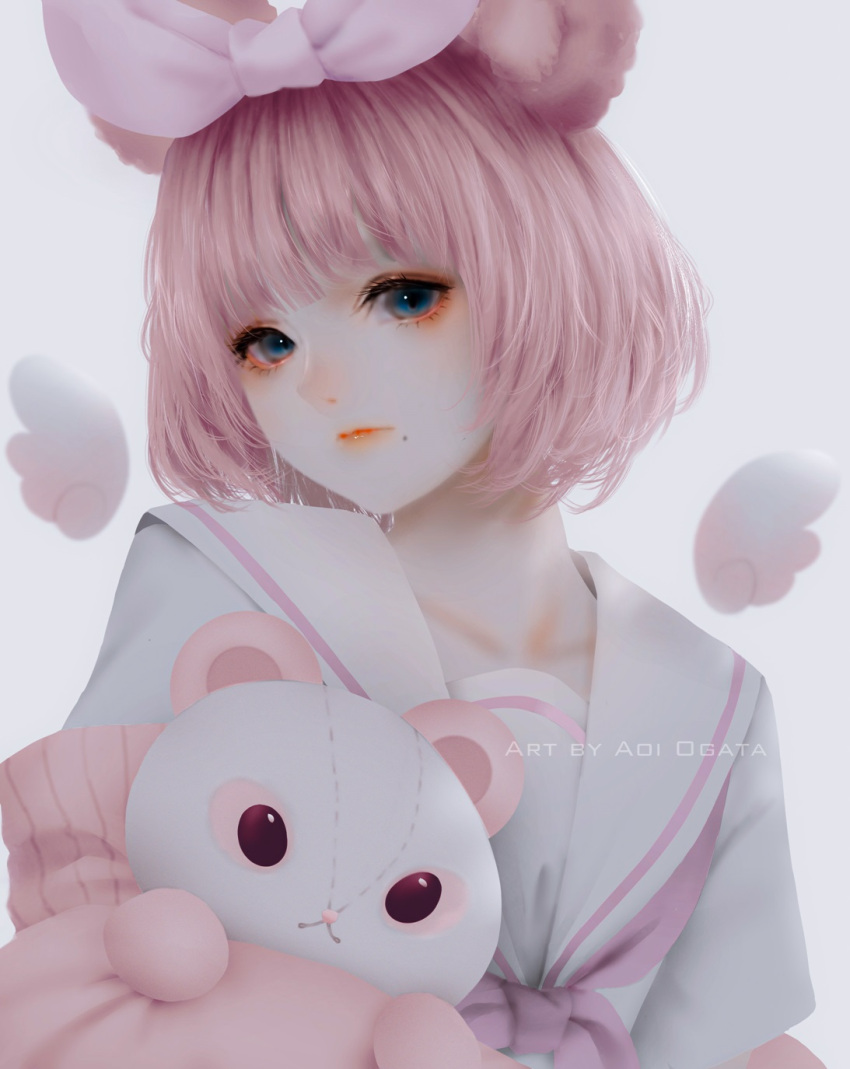 1girl animal_ears aoi_ogata artist_name bangs blue_eyes clip_studio_paint_(medium) closed_mouth commentary commission detached_wings english_commentary grey_background hair_ribbon highres jacket looking_at_viewer mini_wings mole mole_under_mouth off_shoulder original panda_ears pink_hair pink_jacket pink_ribbon red_lips ribbon sailor_collar shirt simple_background solo stuffed_animal stuffed_panda stuffed_toy upper_body white_sailor_collar white_shirt white_wings wings