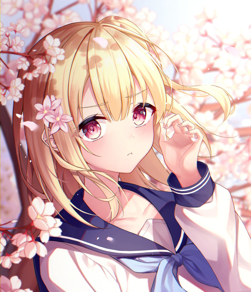 1girl bangs blonde_hair blue_neckwear blue_sailor_collar blurry blush character_request cherry_blossoms commentary_request copyright_request depth_of_field eyebrows_visible_through_hair fingernails flower frown hair_flower hair_ornament hand_up highres long_hair long_sleeves looking_at_viewer neckerchief overexposure pink_flower red_eyes sailor_collar school_uniform serafuku shirt solo ttopang upper_body white_shirt
