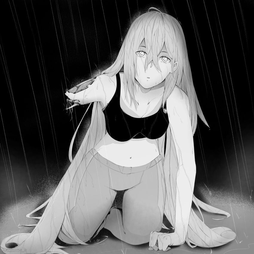 1girl absurdres android bare_shoulders black_bra bra breasts collarbone greyscale highres kneeling long_hair looking_at_viewer mechanical_arms monochrome night puddle rain seiza severed_arm severed_limb sitting underwear vivy:_fluorite_eye's_song wet wet_clothes wet_hair
