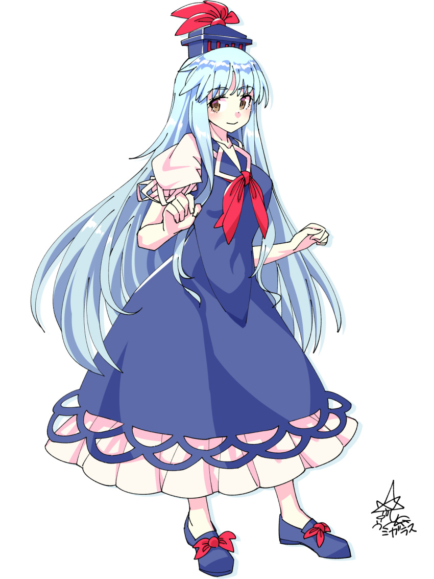1girl bangs blue_dress blue_footwear blue_hair blue_headwear bow brown_eyes closed_mouth commentary_request dress eyebrows_visible_through_hair footwear_bow full_body highres kamishirasawa_keine long_hair looking_at_viewer neckerchief partial_commentary puffy_short_sleeves puffy_sleeves red_bow red_neckwear short_sleeves sidelocks signature simple_background smile solo standing touhou umigarasu_(kitsune1963) white_background