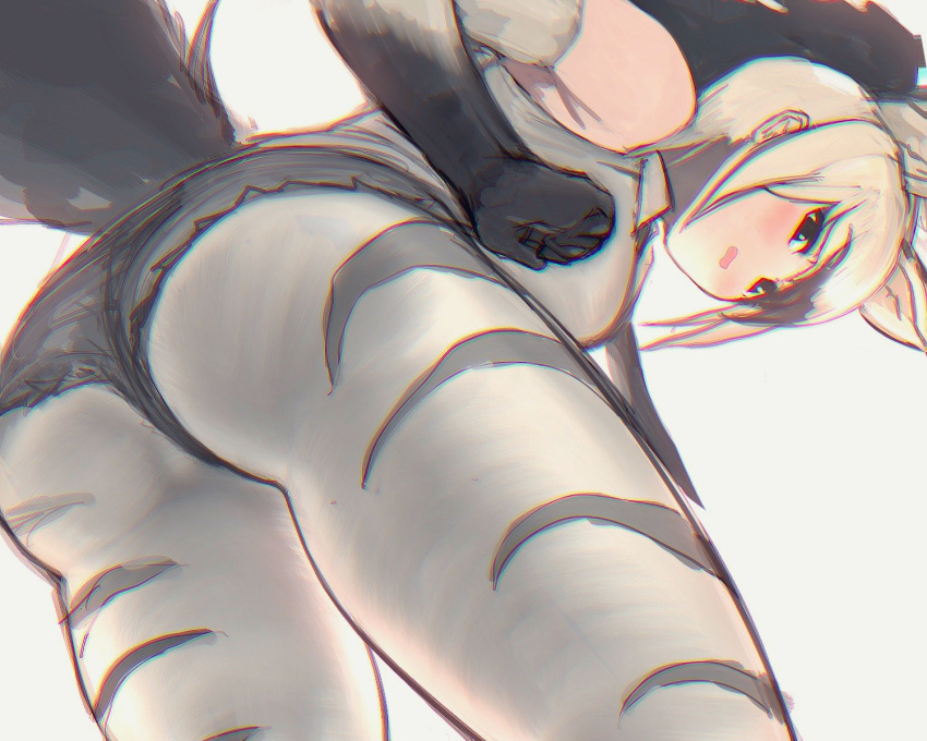 1girl aardwolf_(kemono_friends) aardwolf_ears aardwolf_print aardwolf_tail animal_ears animal_print ass bangs bare_shoulders black_hair black_shorts cutoffs elbow_gloves extra_ears from_behind from_below gloves high_ponytail highres kemono_friends leaning_forward long_hair looking_at_viewer looking_back multicolored_hair necktie pantyhose parted_lips print_gloves print_legwear shibori_kasu shirt short_shorts shorts sidelocks sleeveless sleeveless_shirt solo tail two-tone_hair