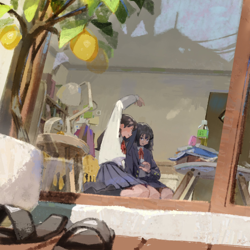 2girls arm_up black_hair blazer bookshelf brown_hair closed_mouth coffee_table commentary_request desk_lamp door flip-flops food from_outside fruit fruit_tree grey_jacket grey_skirt heart heart_arms heart_arms_duo heart_hands heart_hands_duo highres jacket lamp lapels lemon long_hair long_sleeves looking_at_another medium_hair minatake multiple_girls neck_ribbon no_shoes notched_lapels notebook open_clothes open_jacket original plant pleated_skirt potted_plant red_ribbon reflection ribbon sandals school_uniform shirt shirt_tucked_in shoes shoes_removed sitting skirt smile stool table tea tree v-shaped_eyebrows white_shirt window yokozuwari