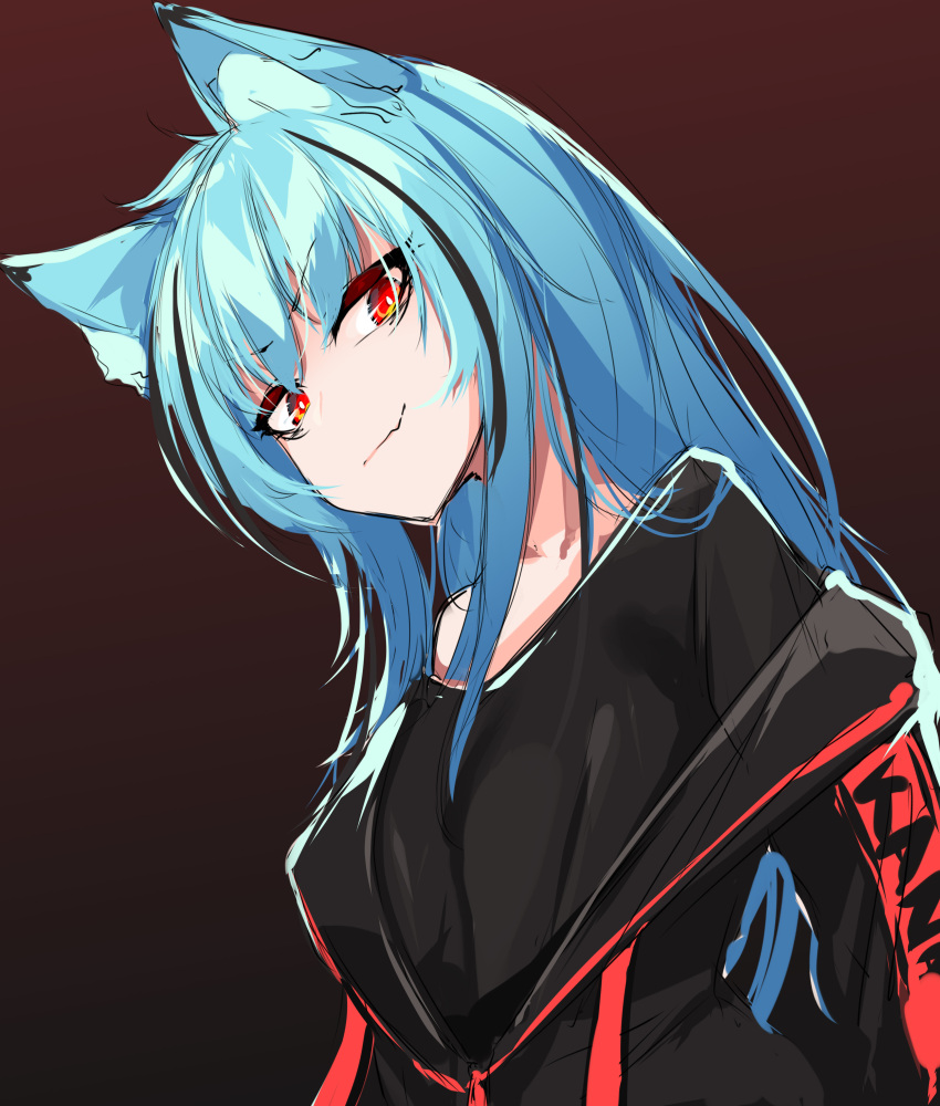 1girl absurdres animal_ear_fluff animal_ears bangs black_jacket black_shirt blue_hair brown_background closed_mouth eyebrows_visible_through_hair fang fang_out highres jacket kana616 long_hair looking_at_viewer off_shoulder open_clothes open_jacket original red_eyes shirt simple_background sketch smile solo upper_body v-shaped_eyebrows