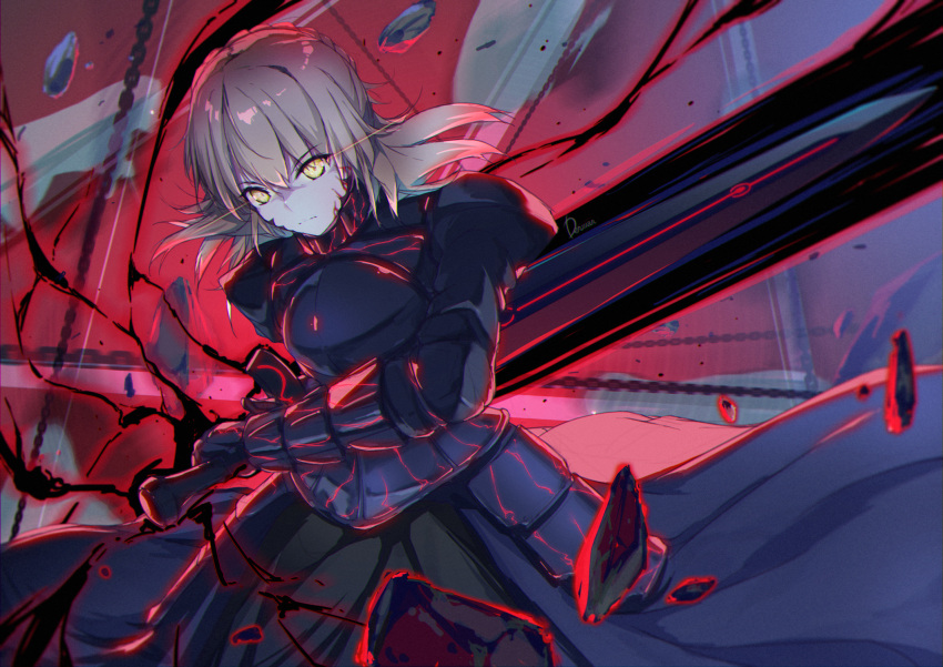 1girl armor armored_dress artoria_pendragon_(all) blonde_hair breastplate chain dermar excalibur_morgan_(fate) fate/stay_night fate_(series) gauntlets heaven's_feel highres holding holding_sword holding_weapon saber_alter solo sword weapon yellow_eyes